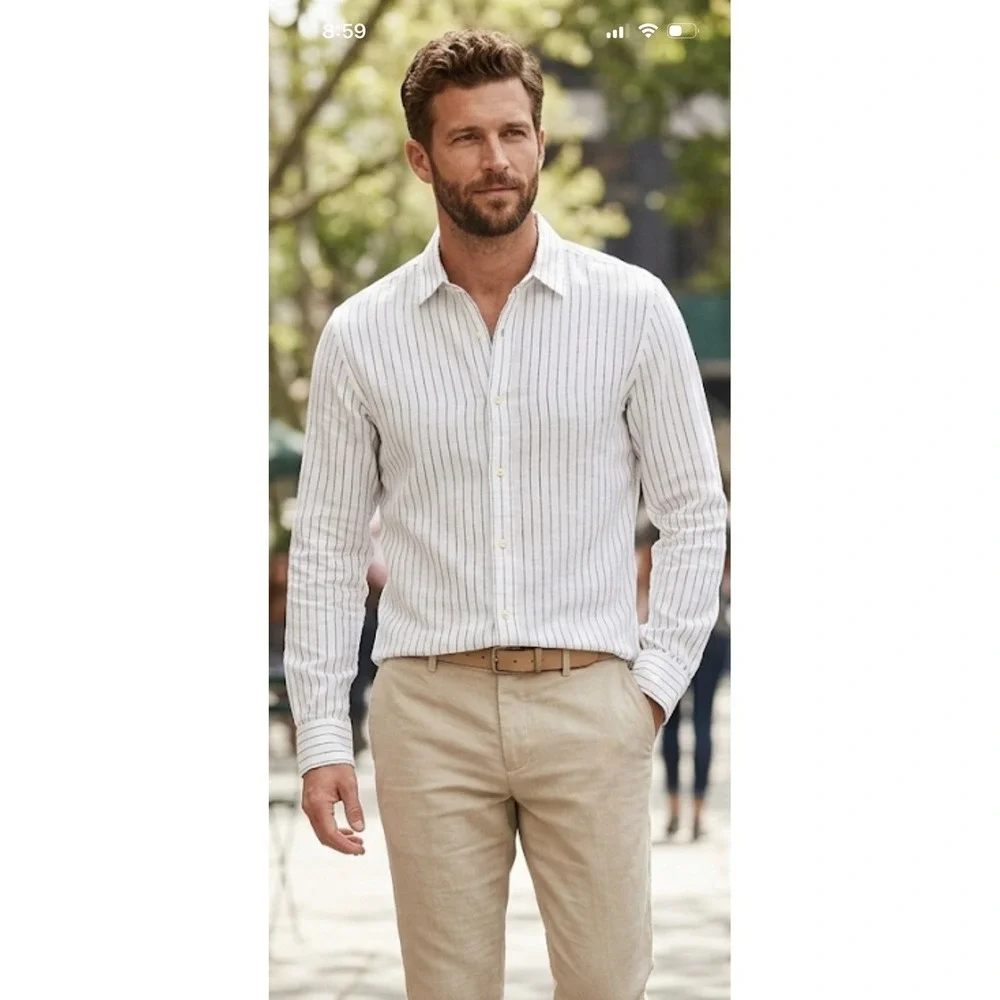 NEW Banana Republic Mens L-Tall Shirt Navy Blue Striped 100% Linen Standard-Fit